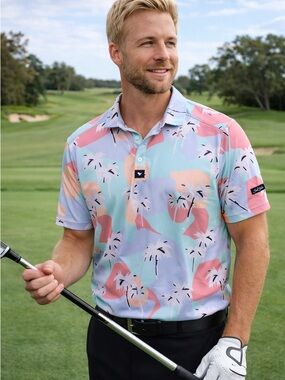 Bad Birdie Golf Polo Shirt Art Deco Tropical Palm Tree Active Performance Medium
